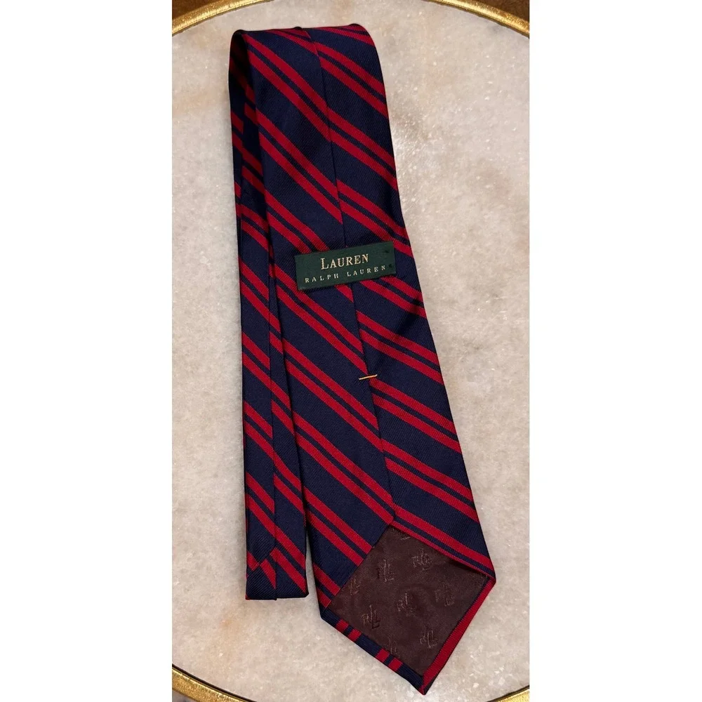 Lauren Ralph Lauren Mens Silk Tie Navy Blue Red Striped Repp Hand Finished USA